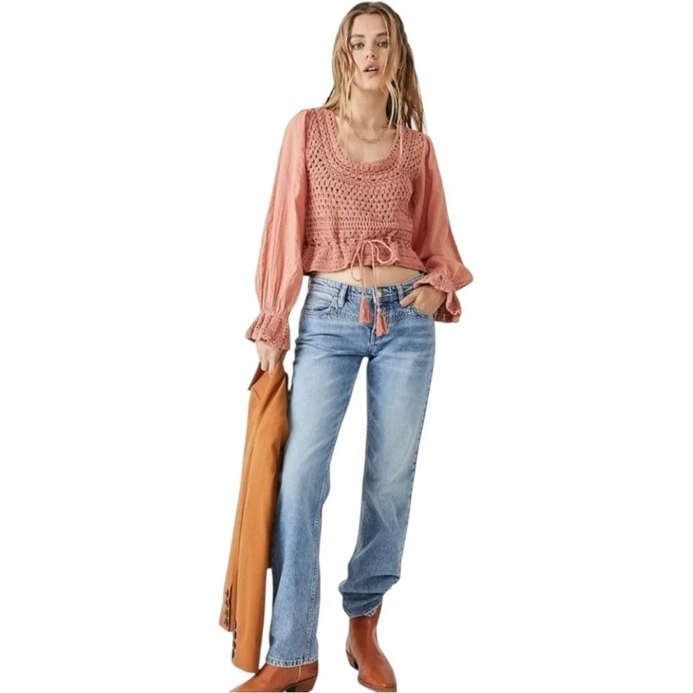 Free People Megan Crocheted Boho Puff Sleeve Cropped Top Coral Shirt XS $128 New